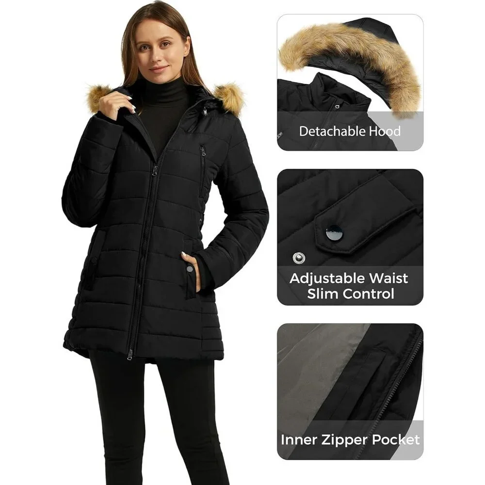 Women's Warm Winter Coat Heavy Puffer Jacket Parka with Fur Trimmed Hood - Picture 6 of 6